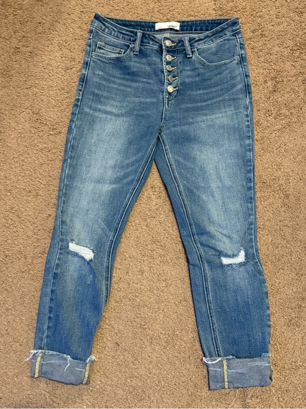 Blue Distressed Cropped Roll-Cuff Jeans